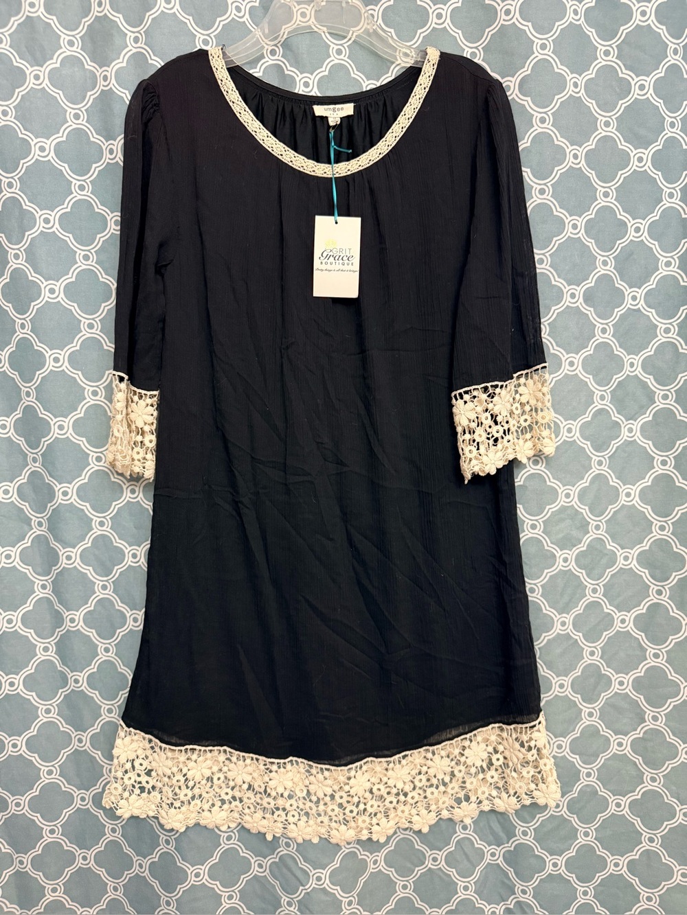 Umgee Black Dress with Cream Crochet Trim